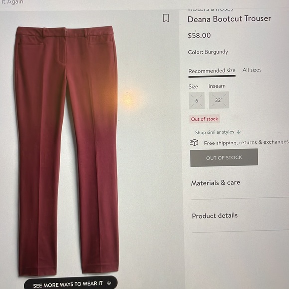 Violet & Roses, size 6 Deana Bootcut Trouser - runs big in Burgundy - Picture 2 of 2